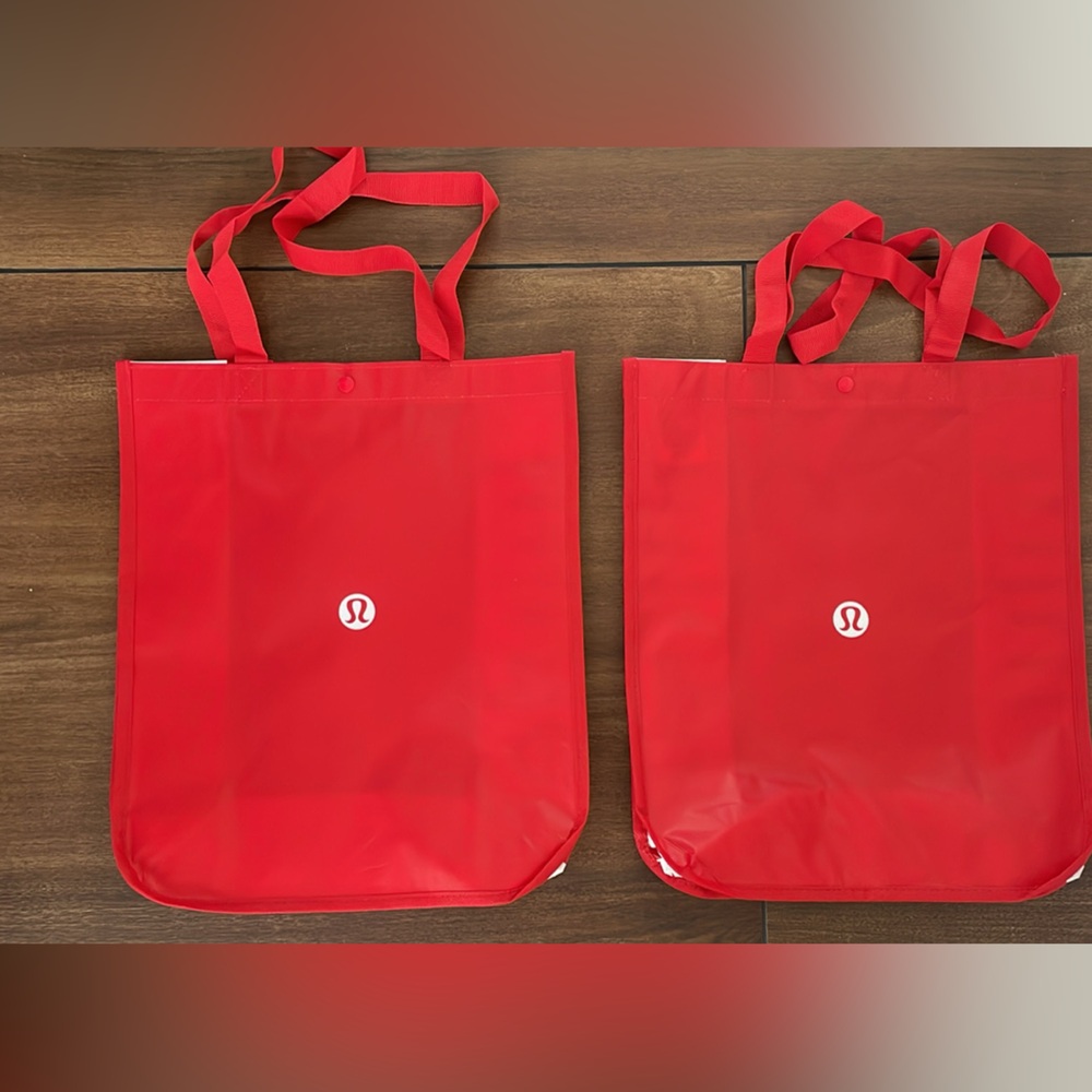 Red and white lululemon large reusable shopper tote